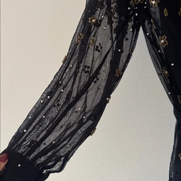 FARM RIO Black Embroidered Tulle Overlay Belted Long Sleeve Mini Dress,Small,398 - Picture 16 of 16